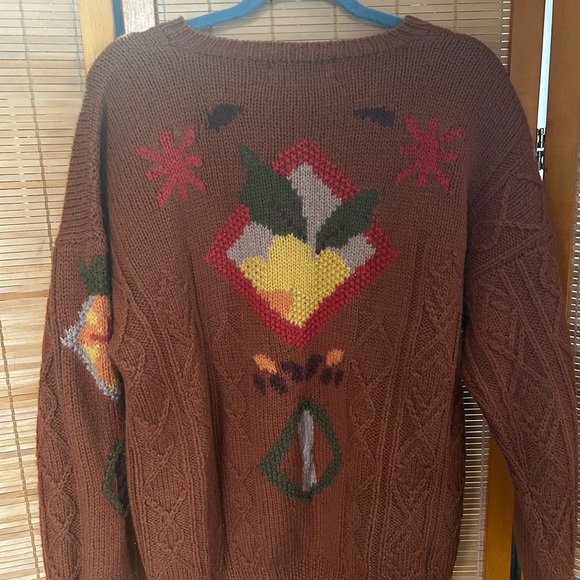 Vintage Le Moda Hand-Knit 100% Wool Sweater | Folk Art Floral Cable Knit | Sz L - Picture 10 of 11